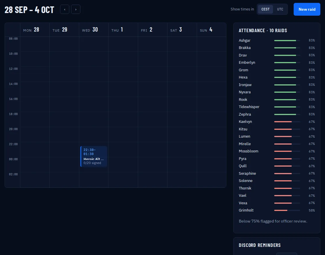 The calendar week view with the time zone switch, attendance and Discord reminder settings